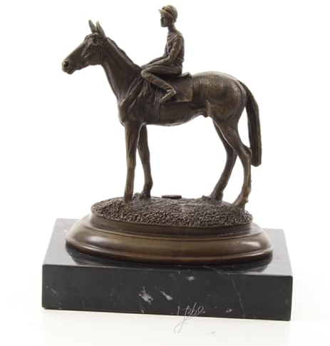 Bronzefigur Bronzeskulptur Tierfigur Jockey auf Pferd aus Bronze auf Marmorsockel H 20 cm Deko Figur