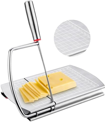 Cheese Slicer, Stainless Steel Cheese Cutter Board with Blade Multipurpose Food Butter Slicer Accurate Size Scale Butter Cutter Board for Block Cheese Sausage Ham