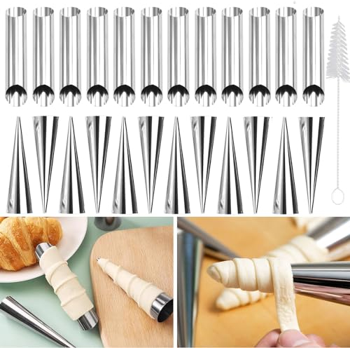 landscape lights2K 25 StüCk Schaumrollenformen Mit ReinigungsbüRste Antihaft Edelstahl Schillerlockenform Cannoli Backform FüR Cannoli-RöHren, Croissant, Backformen