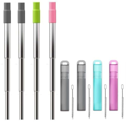 Otimos Paquete de 4 pajitas plegables de metal reutilizables para viajes, pajitas de acero inoxidable con estuche y cepillo de limpieza. Di adiós a las pajitas de plástico y residuos.