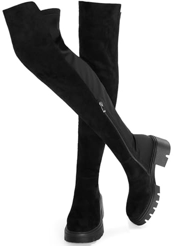 ErikenUrben Donna Nero Coscia Stivali Suede sopra Il Ginocchio Stivali Platform Tacco Largo Stivali Stretch al Ginocchio Lungo Stivali Zip Numero 41