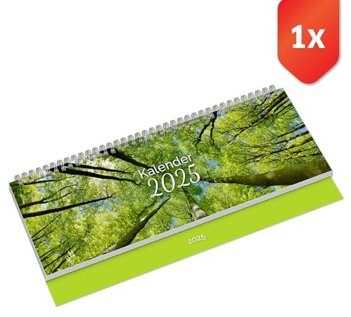PRIMUS PRINT Tischkalender 2025 Quer Wochenkalender – 112 Seiten Terminkalender und Jahreskalender, – 297x130mm, 75g Naturpapier, Drahtkammbindung, Feiertage und Schulferien - [Einzeln - Bäume]