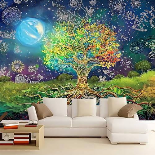 Papier Peints Panoramique Arbre de Vie Abstrait Mandala Poster Mural Intissé 3D, Coloré Muraux Pour Salon Chambre Chambre D'Enfant Décoration Murale 400x280cm