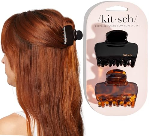 Kitsch Medium Claw Clips for Women - Strong Hold & Stylish Glossy Puffy Design Hair Accessories | Half-Up or Full Updos | Ideal Gifts for Women - 2pc Set, Black & Tort