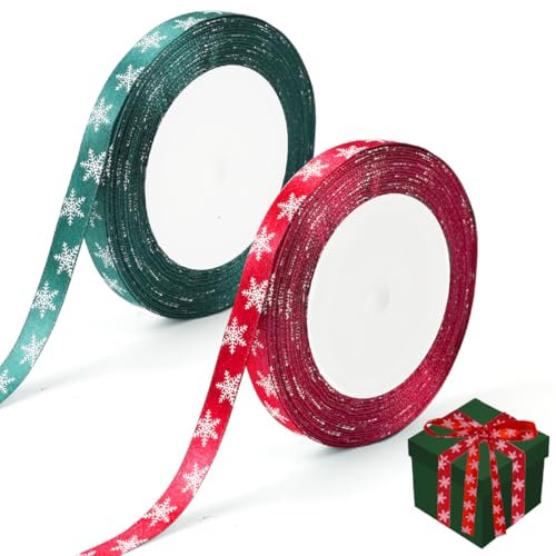 Geschenkband Weihnachten Rot Grün, 46M Schleifenband Weihnachten Schneeflocken 1CM, Schneeflocken Dekoband Weihnachten, Weihnachtsbänder Satinband für Geschenkverpackung Weihnachtsdeko Basteln