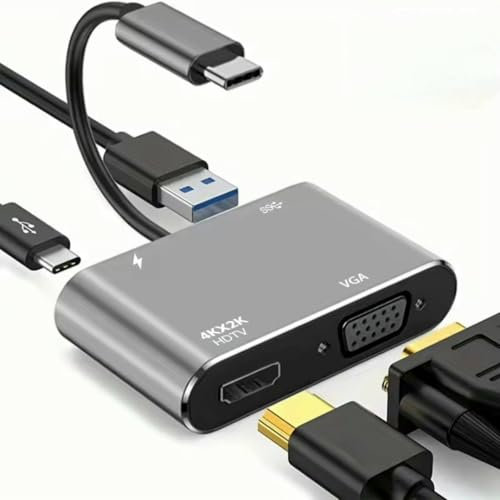 USB C to HDMI VGA Adapter, 4 In 1 USB C Hub with 4K HDMI/VGA/PD 100W/USB 3.0, VGA to USB Type-C Adapter for MacBook Pro/Air,For Android, Dell, HP, Chrome, Pixel, Sony