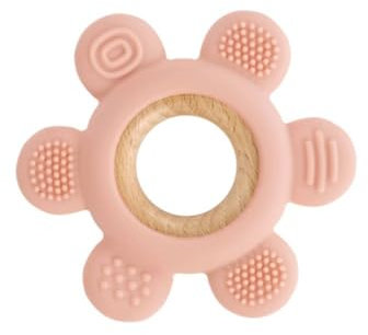 Jané Beißring aus Silikon und Holz, leicht zu greifen, Beißspielzeug mit 6 Texturen, BPA-frei, ab 3 Monaten, geeignet für Sterilisator, Gefrierschrank, Spülmaschine, Zartrosa