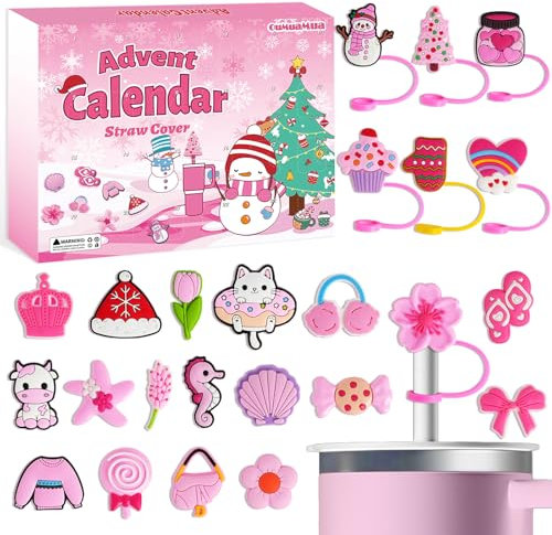 Advent Calendar 2025 Straw Cover - Christmas Countdown Calendar 24 Days 10 mm Pink Silicone Straw Topper Caps Lids Protectors for 30 & 40 Oz Tumblers Cups Kids Adults Teens
