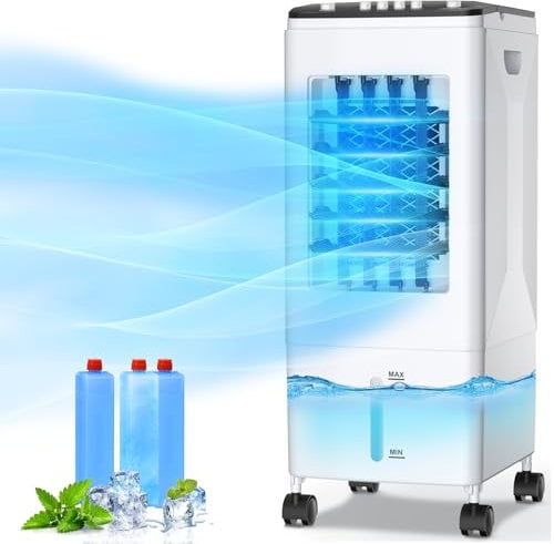 Portable Air Conditioner, 6L Water Tank with 3 Ice Packs, 3-in-1 Evaporative Cooling Humidifier & Fan, 60°Oscillation, 35dB, 60W Energy Efficient, 4 Wheels-Portable Air Cooler for Home/Office