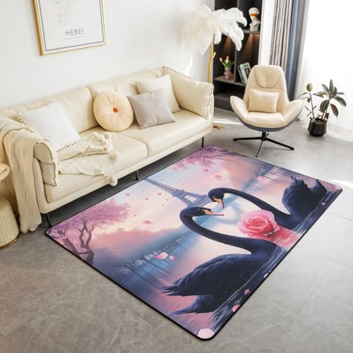 feelingyou Schwan Paar Bereich Teppich 100x150cm, Rosa Blumen Liebe Valentinstag rutschfeste Teppich für Kinder Teens, Romantische Paris Eiffel Turm Dekor für Schlafzimmer Spielzimmer Hinterhof