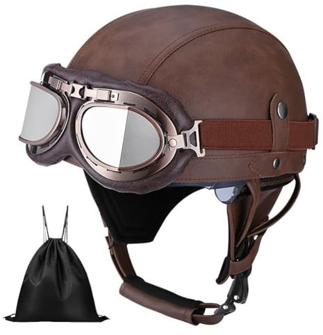 Uueybsg Casque de Moto Vintage Cuir Retro Casque Jet Casques Bols Demi Casque de Mobylette Cuir avec Lunettes Homologué ECE Casque Scooter pour Adultes Homme et Femme avec Sac de Rangement