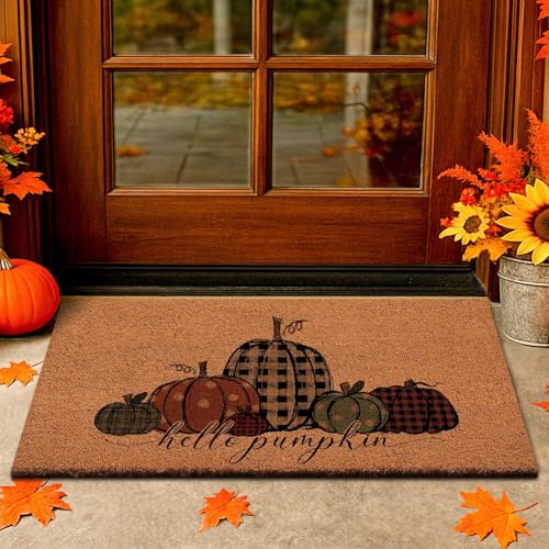 Lanpn Herbst Fußmatte, Kürbis Kokosmatte, rutschfeste Thanksgiving Türmatte für Haustür, Kokos Schmutzfangmatte Innen Außen Fussmatte Waschbar Eingangsbereich Matte Hello Pumpkin Door Mat, 42x75 cm