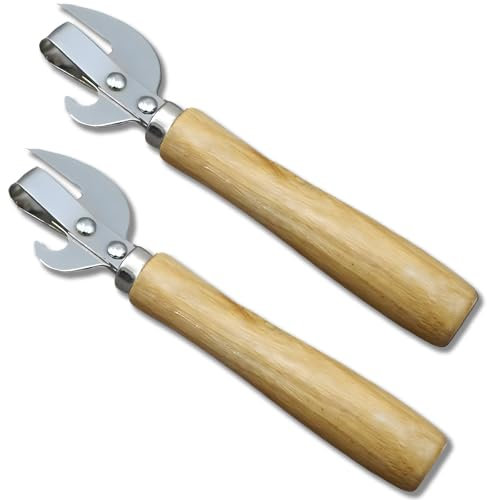 2Pcs Safe Manual Metal Can Opener, Stainless Steel Side Cut Can Opener with Ergonomic Wood Handle, Kitchen Tools
