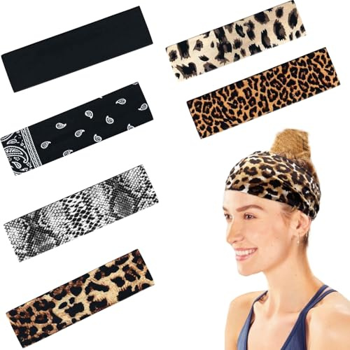 Thapncow 6 Stück Damen-Stirnbänder, 6 Sportanzüge, Rutschfestes Atmungsaktives Stirnband, Stirnbänder mit Leopardenmuster, für Erwachsene Frauen, geeignet für Yoga, Radfahren, Pilates, Laufen, Fit