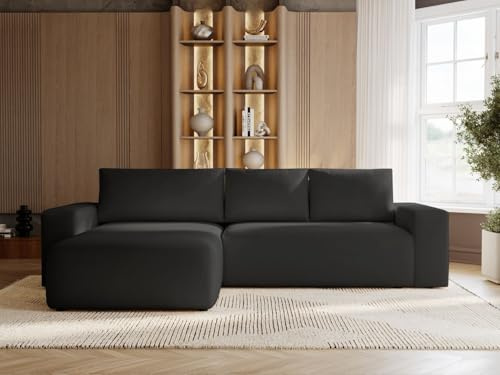 GRAINGOLD Tazones Ecksofa mit Schlaffunktion & Bettkasten 250x165 cm, L-Form Sofa mit Stauraum, Schlafcouch für Wohnzimmer, Velour, 3-Sitzer Eckcouch, Modernes Design (Schwarz, Links)
