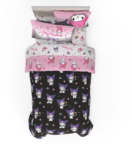 Franco Sanrio Kuromi und My Melody Bettwäsche-Set, 5-teilig, superweich, gemütlich, mit Wendedecke, Laken und Kissenbezug, Einzelbett, offizielles Lizenzprodukt