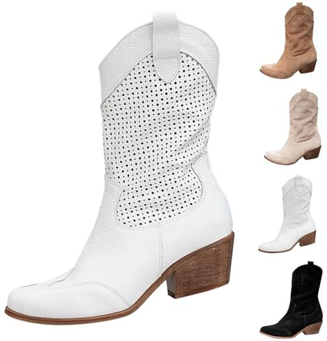 FGUUTYM Stivali da cowboyst, da donna, con punta media, traspiranti, corti, con tacco a blocco, da cowgirl, bianco, 42 EU