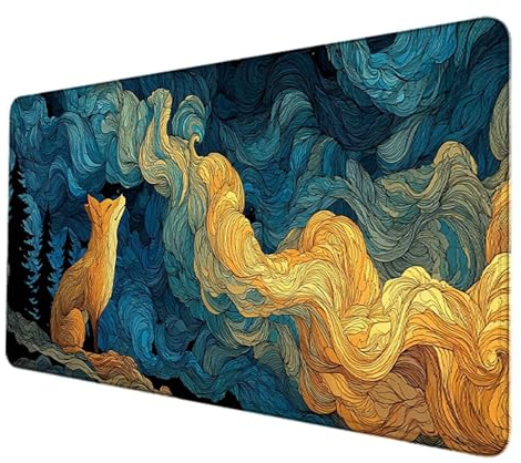 Mauspad Blau Mousepad XXL 1000 x 500mm, WassXerdicht Gaming Mauspad Fuchs Schreibtischunterlage mit Vernähte Kanten Mouse Pad Rutschfeste Gummibasis Verbessert Präzision und Geschwindigkei -hjw2506Y6