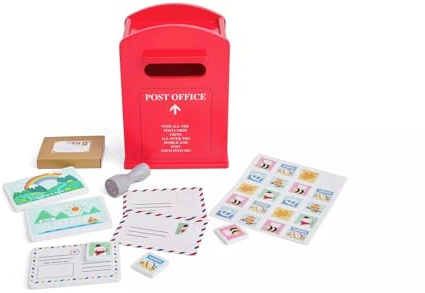 Wooden Post Office Role Play Set with Letters, Stamps, Parcels & Mail Box Slot – Imaginative Role-Play Toy for Kids Age 3+, Pretend Post Office Shop Kit for Home