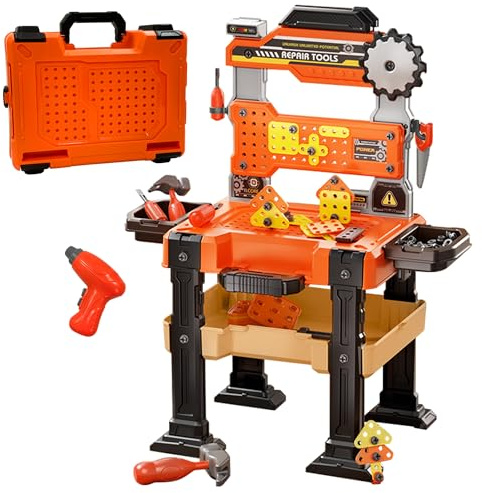 Werkbank Für Kinder 155-teilig | Klappbare Werkbank mit Elektrischer Bohrmaschine & Zubehör | Arbeitsplatte Lernfunktion | Lernspielzeug für Werkbank ab 3 Jahren | Maße 69x56x31cm (1234-18E)