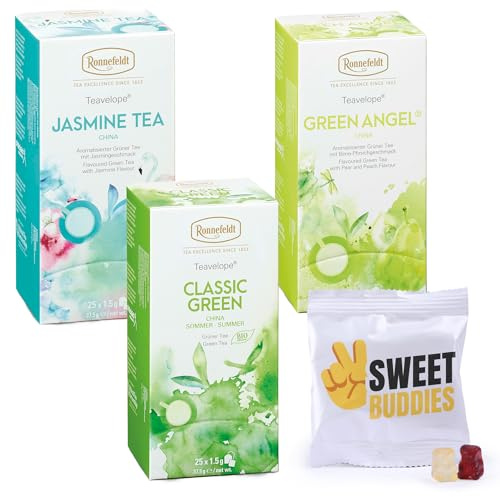 Ronnefeldt Tee 3er Mix Grüner Tee Probierset für Entspannung & Energie | Classic Green Bio, Green Angel & Jasmine Tea, Sweet Buddies Fruchtgummis, Tee Set Box für Genießer, 75 Teebeutel