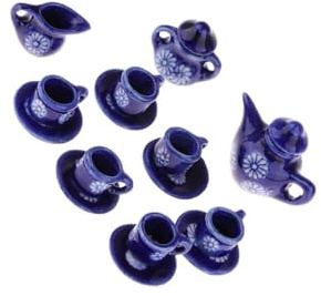 rongweiwang Service à thé Miniature 15 pièces pour Maison de poupée, Comprenant théière, Soucoupe et Tasse en Porcelaine Bleu foncé (échelle 1/12).
