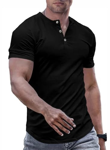 JMIERR Mens Henley T Shirts Basic Ribbed Button up Slim Fit Short Sleeve T Shirt Casual Tee Gym Tops,Black,L