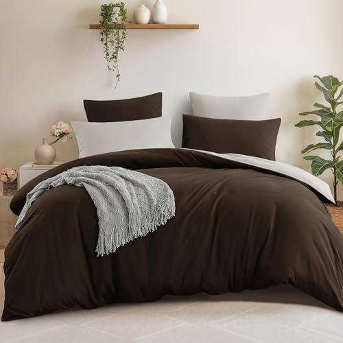 Aisbo Bettwäsche 220x240 3teilig Braun Beige - Bettwäsche Sets 1 Bettbezug 220x240 cm + 2 Kissenbezüge 80x80 cm, ÖKO-TEX Wendebettwäsche Weich Mikrofaser mit Reißverschluss