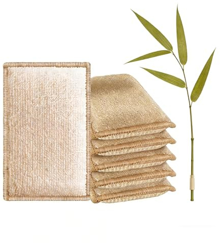 Éponge réutilisable Lavable, éponge Vaisselle – Lot de 6 Éponges en Fibre de Bambou Naturelle, Absorbantes et Grattantes, Séchage Rapide, sans Odeur, Nettoyage Cuisine (Naturel)