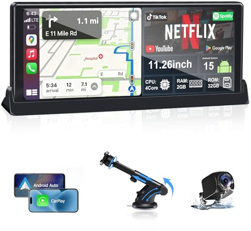 Wireless Carplay Android Auto Schermo per Auto con Netflix YouTube Google-Play 11,26-Pollici Car Play Display con Android 15 4-Core Dual-Bluetooth OTA Navigazione Controllo Vocale Retrocamera 1080P