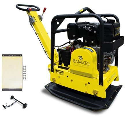 BAMATO Diesel Rüttelplatte R-175RVD 175kg Vor- und Rücklauf 30kN Rüttler | Kraftvolle Diesel Rüttelplatte mit E-Start & 30kN Verdichtungsdruck | Vor- und Rücklauf, 175kg, inkl. Gummimatte & Fahrwerk