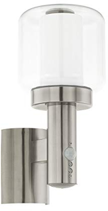 EGLO Außen-Wandlampe Poliento, 1 flammige Außenleuchte inkl. Bewegungsmelder, Sensor-Wandleuchte aus Edelstahl, Kunststoff und Glas, Farbe: Silber, weiß, Fassung: E27, IP44