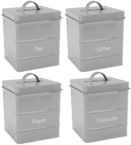 Harbour Housewares Metal Kitchen Canisters Set - Grey - 4pc Set - Vintage Loose Tea Coffee Beans Granulated Sugar Storage Container Biscuit Tin Caddy Kitchen Storage with Airtight Lid