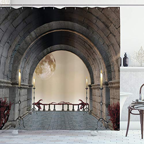 ABAKUHAUS Mystik Duschvorhang, Mittelalter Balkon, Stoffliches Gewebe Badezimmerdekorationsset mit Haken, 175 x 200 cm, Grau
