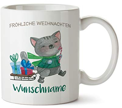 Partycards Personalisierte Tassen zu Weihnachten mit verschiedenen Motiven – Geschenkidee (Katze mit Schlitten, 300ml)