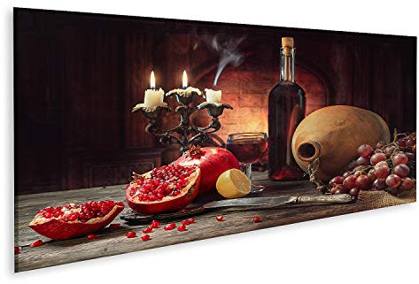islandburner Bild auf Leinwand Stillleben Rustikaler Stil Obst Granatäpfel Trauben Zitrone Holztisch Wein Bilder Wandbilder Poster