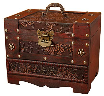 HKHJ Vintage Schmuckkästchen, Retro Koffer Aufbewahrungsbox aus Holz Hölzern Handgefertigt Schmuckkoffer mit Spiegel Schubladen Schloss Schmuckbox für Ringe Armbanduhren Ohrringe Halsketten,E