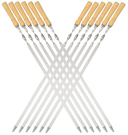 FOWUTAS Large Size Kabob Skewers Flat Metal BBQ 22 Barbecue Skewer Wooden Handle Stainless Steel Shish Kabob Stick Wide Reusable Grilling Set Meat Shrimp Chicken Vegetable Kebab Fork Sausage-12PCS