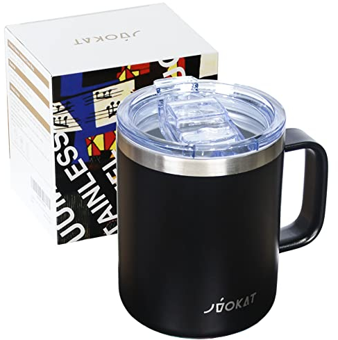 JVOKAT Insulated Coffee Mug, Travel Coffee Mug, Double Wall Vacuum Insulated Coffee Cup with Handle, Thermal Mug with Spill Proof Lid, Camping Mug (12oz / Black)