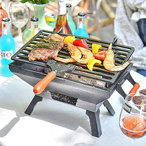 Sungmor Gril de barbecue en fonte robuste – Intérieur ou extérieur – Petit poêle à charbon – 31,5 x 19 cm, rectangulaire, idéal pour fumoir, barbecue, camping, pique-niques, fêtes