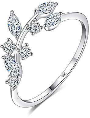 KristLand Sterling Silber 925 Damenring/Olivenblatt verstellbarer Ring/Zirkonia Ring/Vorschlag Ehering/offener Ring/Schmuckschatulle