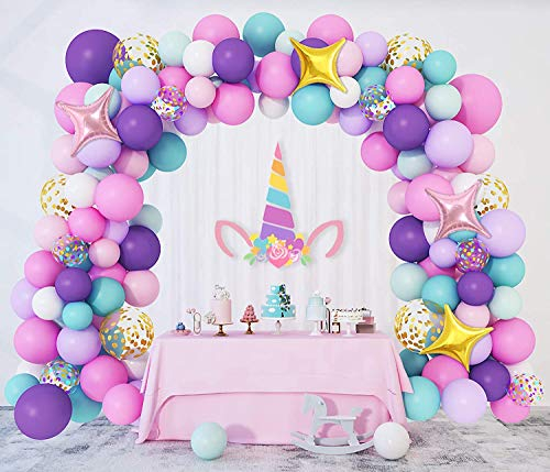 138 Pezzi Unicorno Palloncini Ghirlanda Compleanno Viola Rosa Blu Lattice Palloncino Arco Ragazza Ragazzi Festa Battesimo Oro Confetti Stella