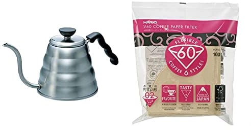 HARIO V60 Buono Drip Large Stovetop Stainless-Steel Gooseneck Pour-Over Kettle, 1.2 Litre & V60 Paper Coffee Filters - 100 Pack, Compatible with Size 02