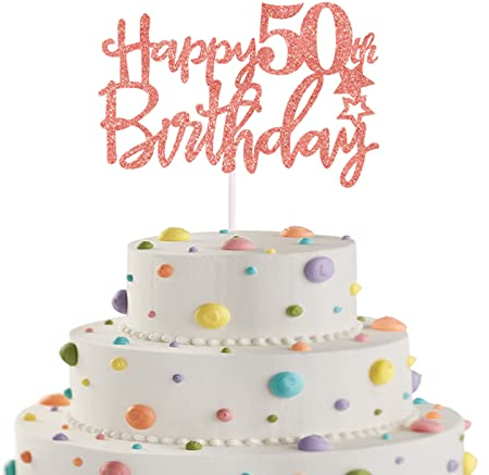 Happy 50th Birthday Cake Topper in Glitter Card,Happy Birthday Cupcake Toppers Rose Gold 50th Birthday Party Decor,Glitter Cake Decoration for Birthday Anniversary Party Decorations (50th, Rose Gold)
