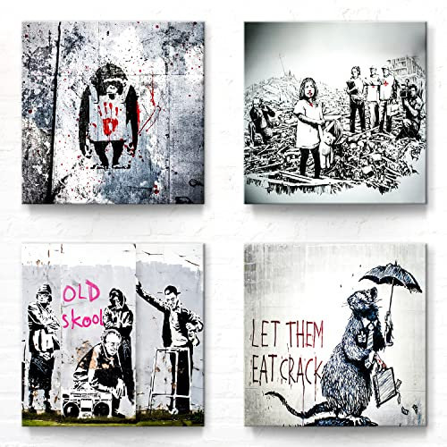 Banksy Leinwand-Bilder im coolen 4er-Set. Jedes Bilderset-I Art Wandbild ist 30x30cm groß. Tolle abstrakte Kunstdrucke zur Wand-Deko für Wohnzimmer, Schlazimmer, Flur, Büro