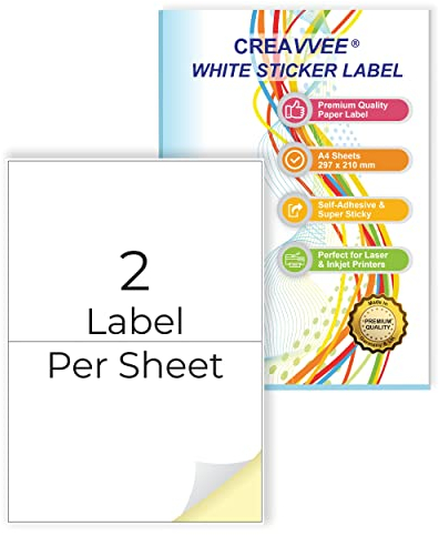 Creavvee 2 Etiketten pro Blatt, 25 A4 Blätter, bedruckbare weiße Aufkleber Papieretiketten für Laser-/Tintenstrahldrucker Made in Europe - Aufklebergröße (A5) 210 x 148 mm