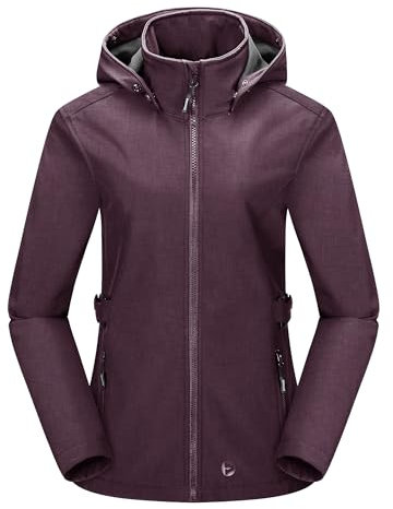 Outdoor Ventures Damen Softshelljacke Kurze Gefütterte Wasserdichte Übergangsjacke mit Abnehmbarer Kapuze Regenjacke Funktionsjacke Outdoor Regenmantel für Wandern Laufen Sporten Violettrot M
