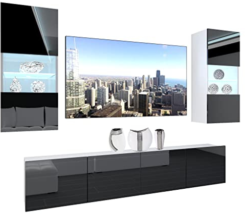 BELINI Wohnwand Vollausstattung Wohnzimmer-Set Moderne Schrankwand mit LED-Beleuchtung Anbauwand TV-Schrank Schwarz