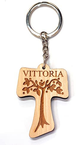 Portachiavi personalizzato in legno TAU FRANCESCANO e albero della vita - decorazione bomboniere battesimo, comunione, cresima