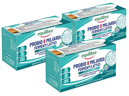 Equilibra Integratori Alimentari, Probio 8 Miliardi, Integratore con Fermenti Lattici e Vitamine con Niacina e Vitamina D3 per l'Equilibrio della Flora Batterica Intestinale, 3 Pezzi da 10 Flaconi